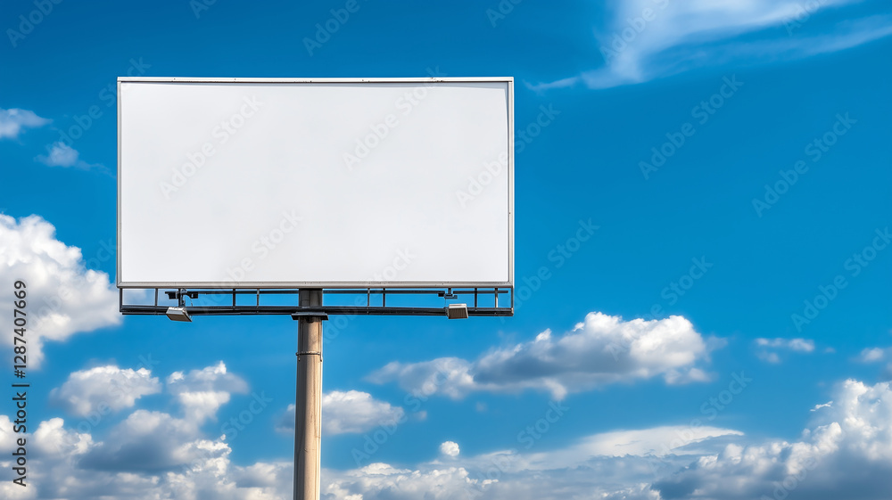 Empty billboard against bright blue sky with fluffy clouds, ideal for advertising. clear space invites creativity and captures attention Empty billboard against bright blue sky with fluffy clouds, ideal for advertising. clear space invites creativity and captures attention