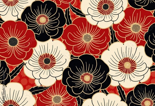鮮やかな赤、黒、白の配色で、焦点が積み重ねられた高解像度デザインを紹介する、この伝統的な日本の花柄で、お祝いのエレガントな作品をデザインしてください。

