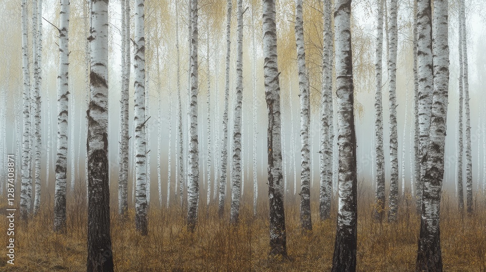 Obraz premium Serene birch forest in early spring with mist covering the dense forest floor. Close-up shot of repeating tree trunks fading into the distance, featuring soft pastel colors and a watercolor effect.