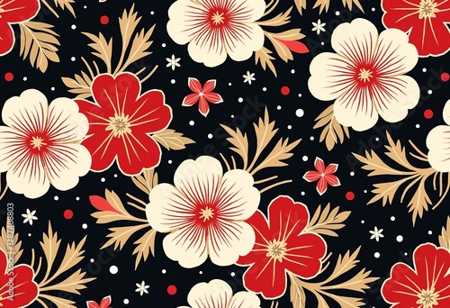 伝統の優雅さと鮮やかな赤、黒、白の美学を組み合わせたこの絶妙な日本の花柄で、新年の装飾や工芸品を高めましょう。

