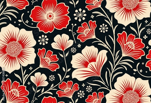 新年の祝賀のための大胆な赤、黒、白の配色を特徴とする、この焦点が積み重ねられた高解像度の花柄で、伝統的な日本の芸術の魅力を体験してください。

