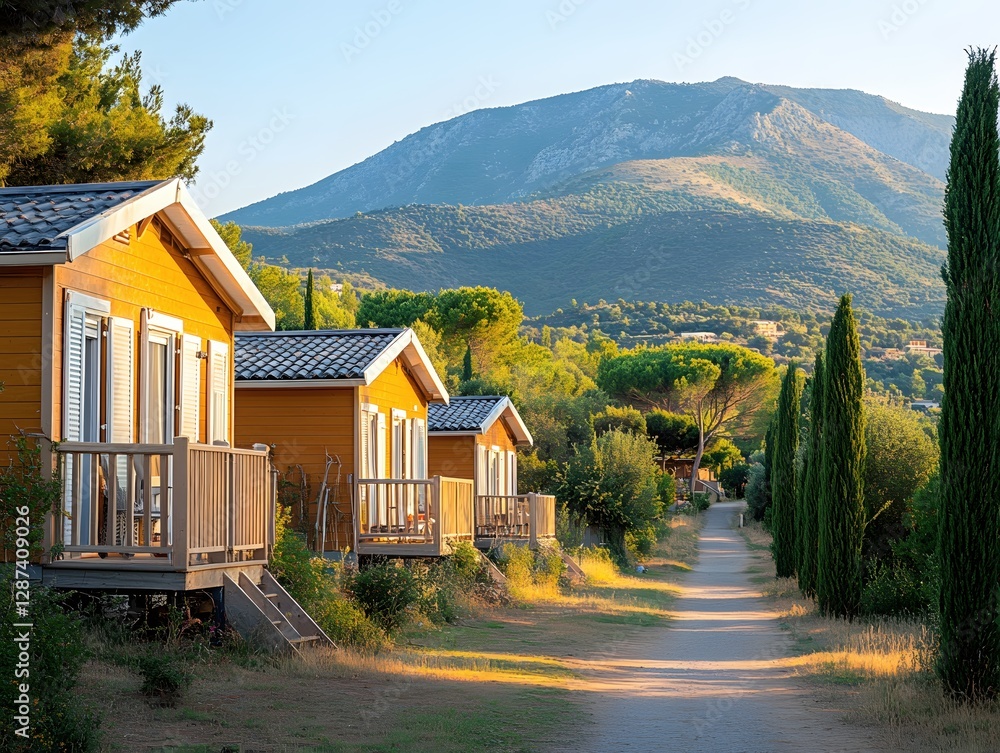 Charming wooden cabins nestled in a serene landscape with majestic mountain backdrop and lush greenery evoking a sense of tranquil escape and rustic beauty
