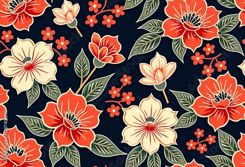 伝統的な日本のモチーフを鮮やかな赤、黒、白のパレットでブレンドし、この高解像度で焦点が積み重ねられた花柄でお祝いの装飾を変えましょう。

