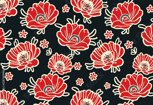 このエレガントな花柄で、日本の新年の伝統の美しさを発見してください。印象的な赤、黒、白の配色を特徴とし、木版画スタイルで。

