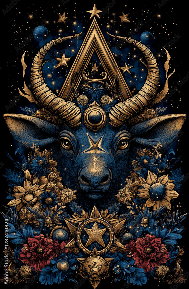 Fototapeta premium Gold and blue painting of a bull with horns and a star on its forehead. The painting is full of flowers and stars, giving it a mystical and spiritual feel