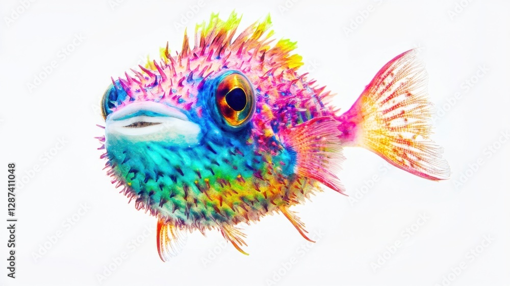 Obraz premium Playful neon-themed pufferfish in bold colors, set against a white background.