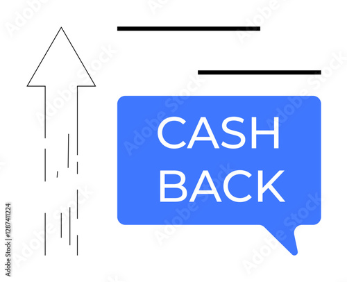 Upward arrow and speech bubble with Cash Back. Ideal for financial rewards, savings, customer incentives, bonuses, economic growth, profitability, online shopping benefits. Blue and black abstract