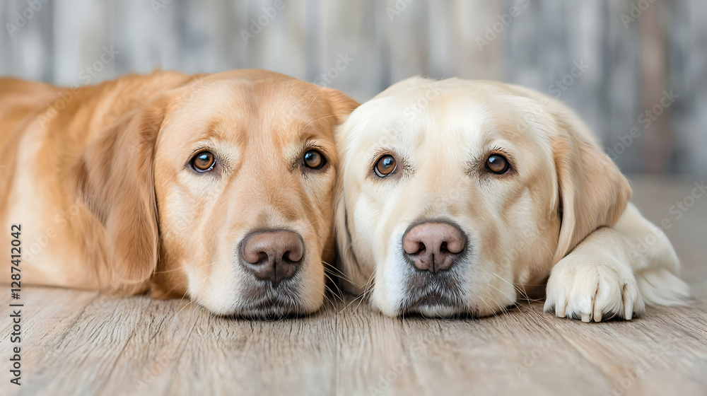 Two Golden Retrievers resting on wooden floor, indoor setting, calm background Two Golden Retrievers resting on wooden floor, indoor setting, calm background