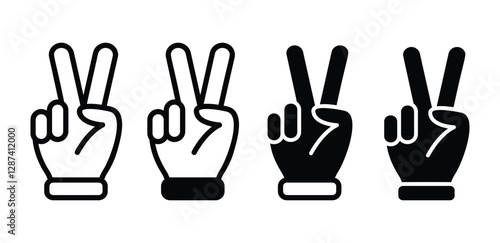hand gesture V peace symbol sign icon vector design black white outline and black solid illustration set isolated