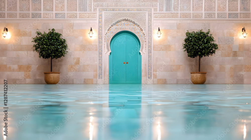 Fototapeta premium Teal door, Moroccan architecture, reflecting pool