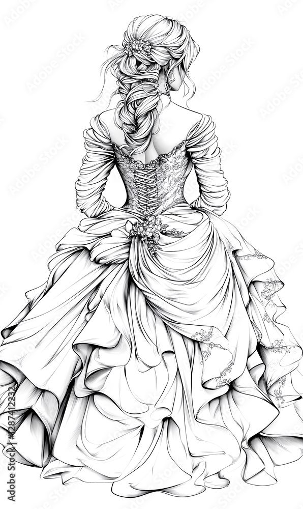 Fototapeta premium A woman in a white dress with a long train. She is wearing a corset and has a flower in her hair