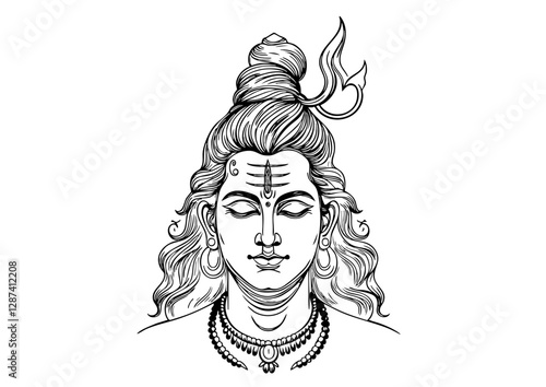 "Black and white illustration of Lord Shiva in peaceful meditation with a Trishul symbol and sacred ornaments."