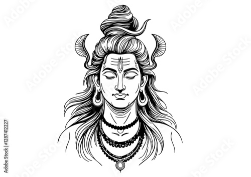 "Black and white illustration of Lord Shiva in meditation with a serene expression and sacred ornaments."