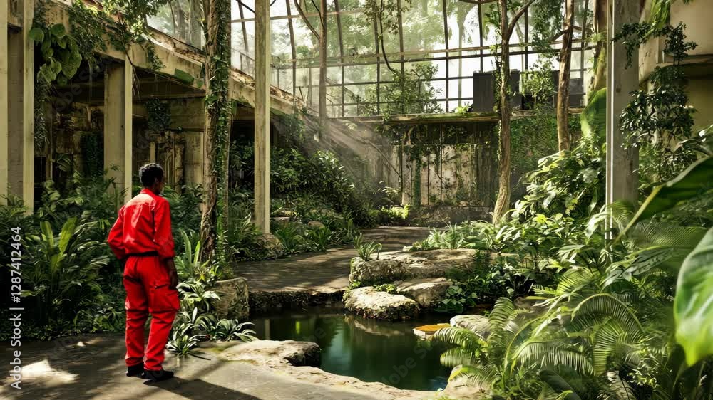Exploration of a lush, abandoned greenhouse with a figure in a red suit observing the vibrant foliage Exploration of a lush, abandoned greenhouse with a figure in a red suit observing the vibrant foliage