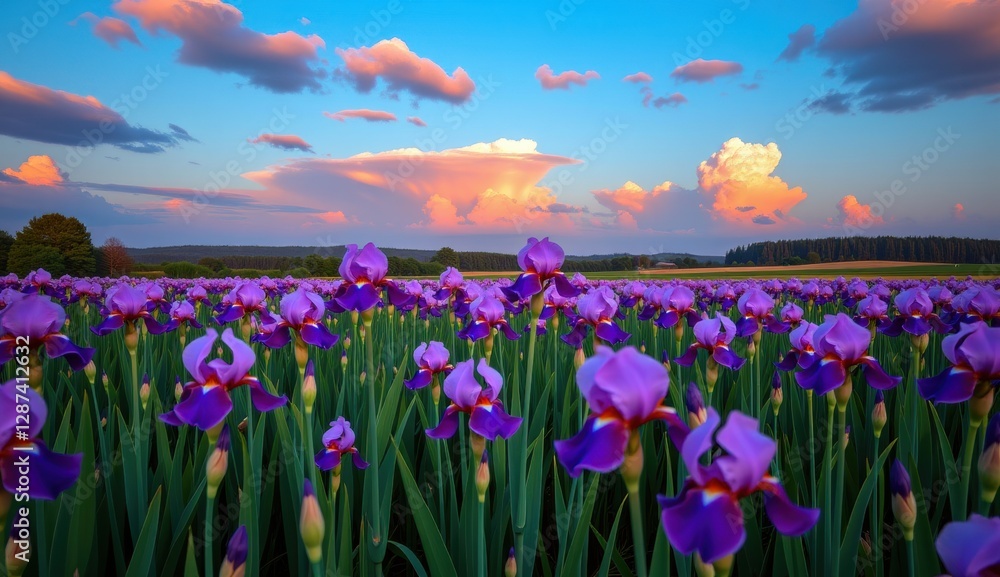 A tranquil evening scene captures a field of vibrant purple iris flowers A tranquil evening scene captures a field of vibrant purple iris flowers