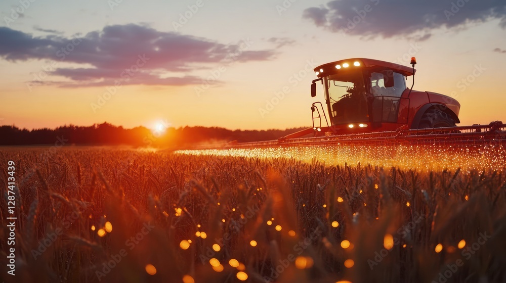 Fototapeta premium Sunset Tractor Spraying Wheat Field