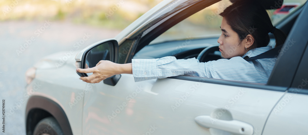 Business woman driver adjusting side view mirror a car. Journey, trip and safety Transportation concepts Business woman driver adjusting side view mirror a car. Journey, trip and safety Transportation concepts