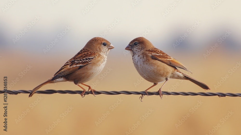 Scaly-breasted munia birds resting on a wire; one bird on the left starts to hop toward another in dynamic movement Scaly-breasted munia birds resting on a wire; one bird on the left starts to hop toward another in dynamic movement