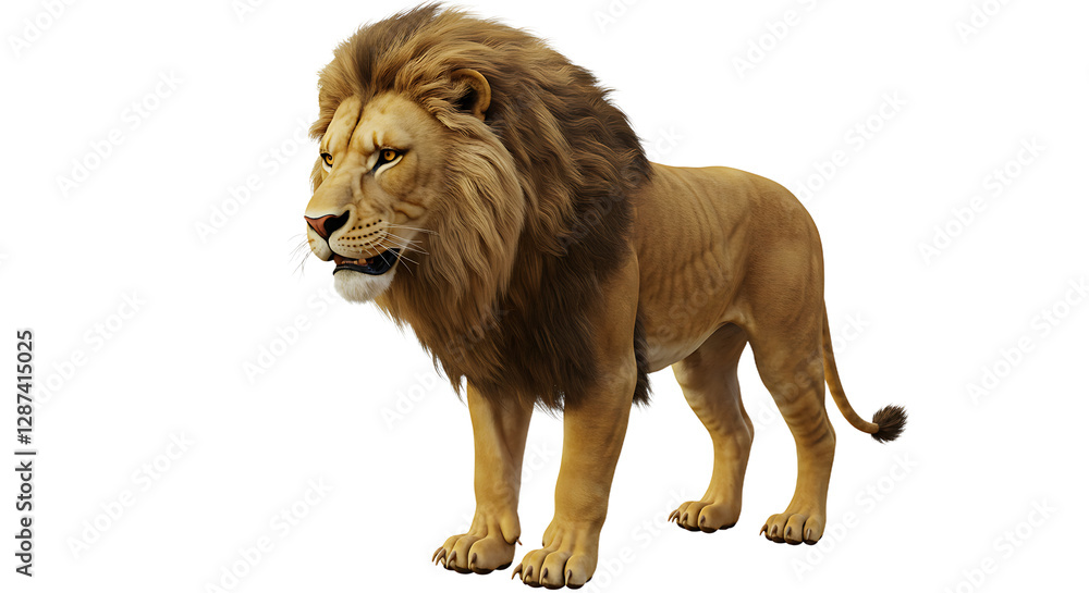 Obraz premium Majestic Lion Standing Proudly Isolated on White Background Digital Illustration