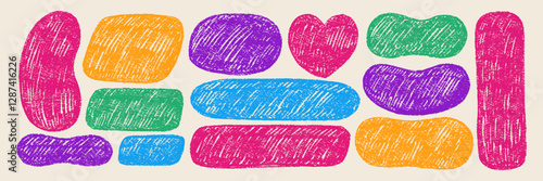 Set of abstract blob shapes of heart, oval and text box with rough texture. Hand drawn figure with crayon and chalk texture. Linocut color vector illustration in retro style.