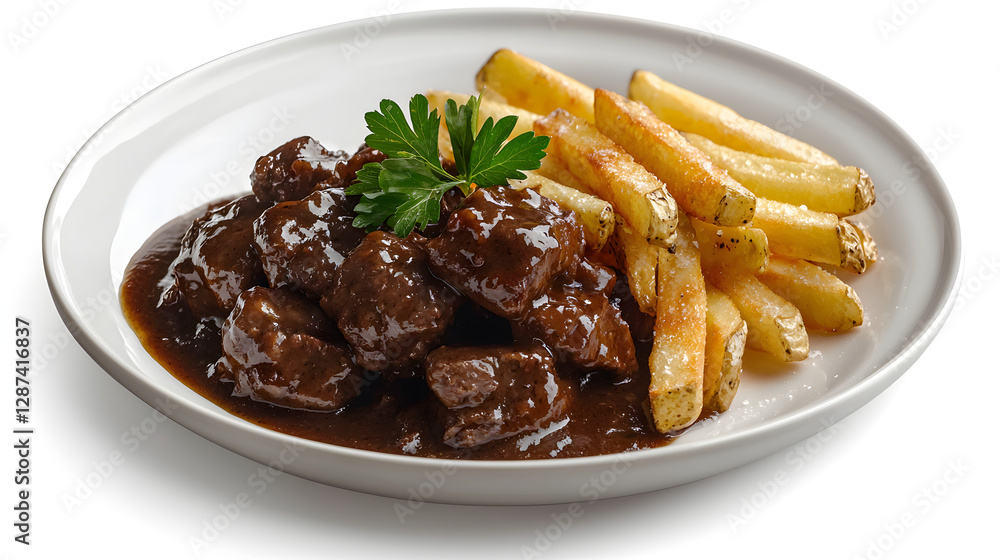 Traditional Belgian Carbonnade with Fries Served on Elegant White Plate Traditional Belgian Carbonnade with Fries Served on Elegant White Plate