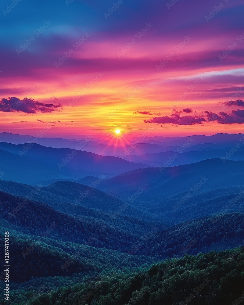 Fototapeta premium Colorful Mountainous Horizon with Radiant Sunrise and Layered Ridges in Atmospheric Perspective