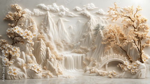 Chinese landscape, a relief of mountains and waterfalls with golden trees on the mountain peaks, white clouds in the sky, blooming peach blossoms at the foot of the mountain,