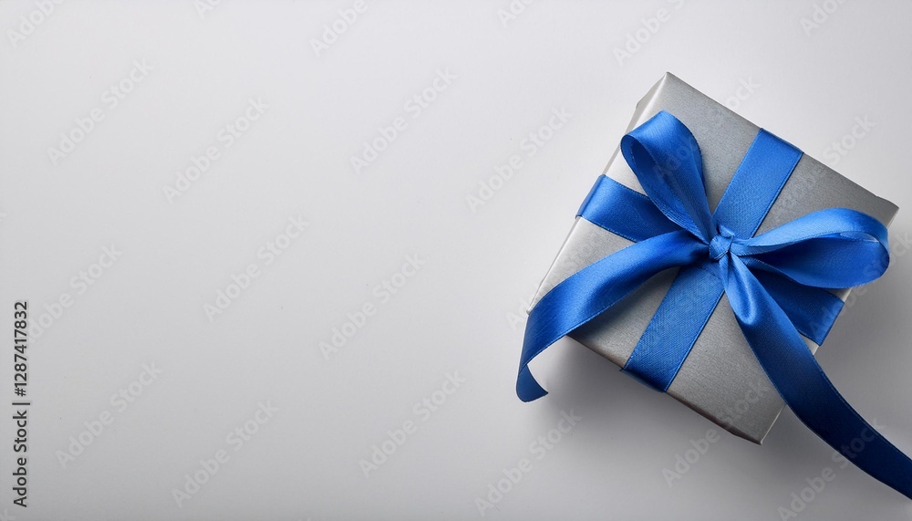 Gray Gift Box with Blue Ribbon on White Background. Top View of Brotherhood Day Gifts with Copy Space Gray Gift Box with Blue Ribbon on White Background. Top View of Brotherhood Day Gifts with Copy Space
