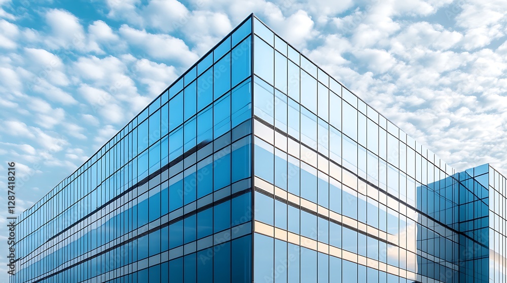 Modern glass office building, sunny sky Modern glass office building, sunny sky
