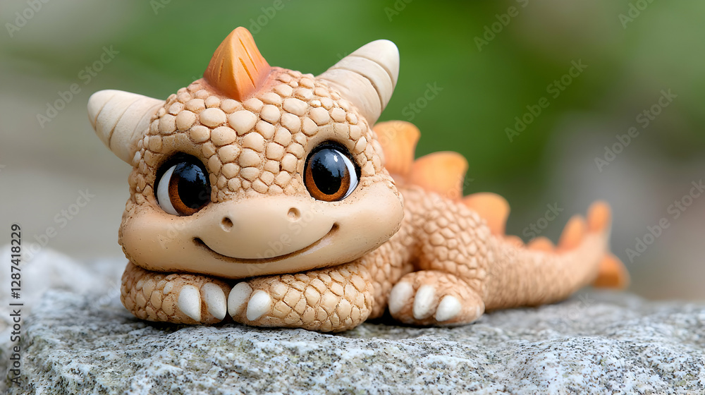 Fototapeta premium Cute baby dragon figurine outdoors, garden background, fantasy decor