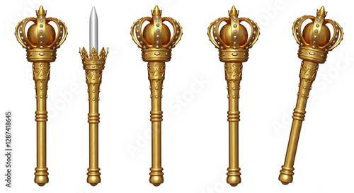 Group of Golden Royal Scepters Isolated on White Background Symbolizing Power