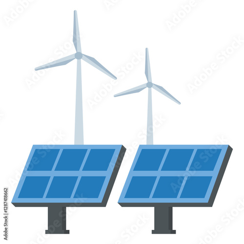 animation of Solar panels on large wind turbines background. Windmills. Concept of clean energy, green energy, renewable energy