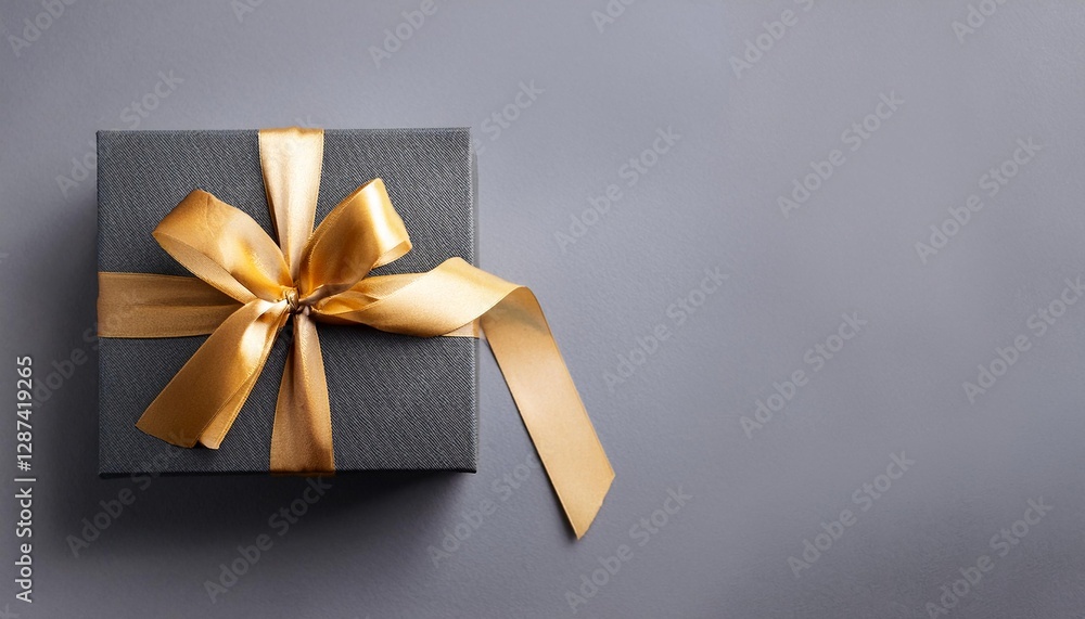 Gray Gift Box with Gold Ribbon on Gray Background. Top View of Graduation Gifts with Copy Space Gray Gift Box with Gold Ribbon on Gray Background. Top View of Graduation Gifts with Copy Space