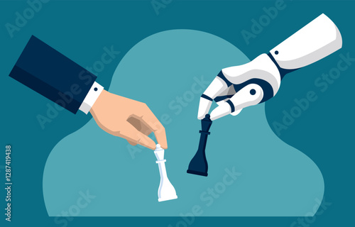man play a chess with robot AI, strategy concept illustrations 