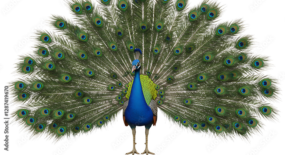 Naklejka premium Peacock Displaying Feathers Full Frame Isolated on White Background