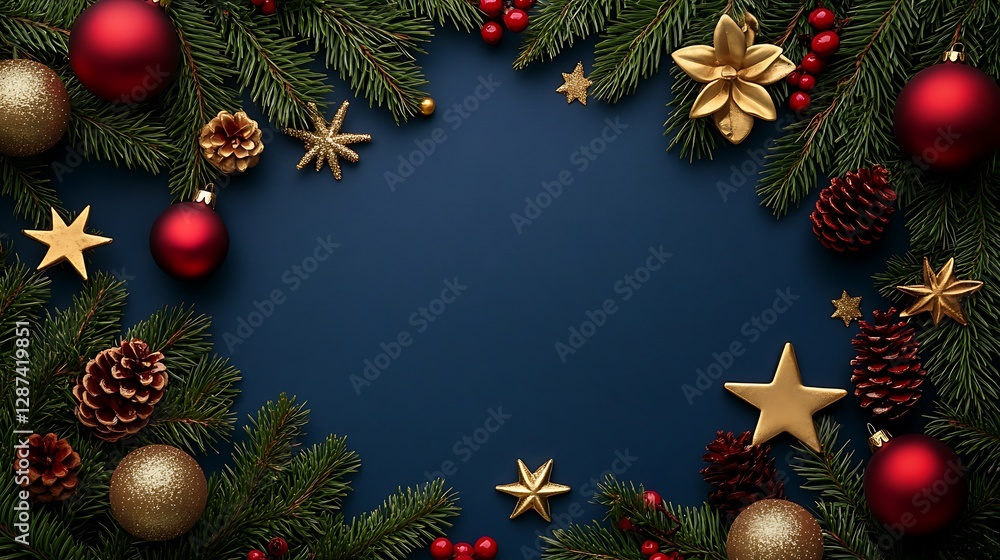 Christmas frame with fir branches, baubles, stars, and pine cones on a dark blue background. Christmas frame with fir branches, baubles, stars, and pine cones on a dark blue background.