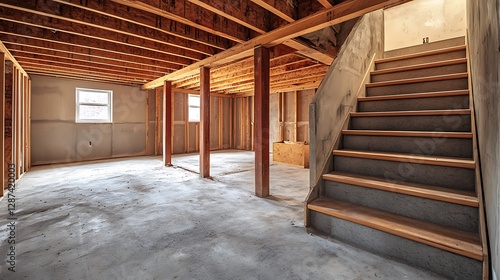 An unfinished basement with wooden beams and a staircase, 