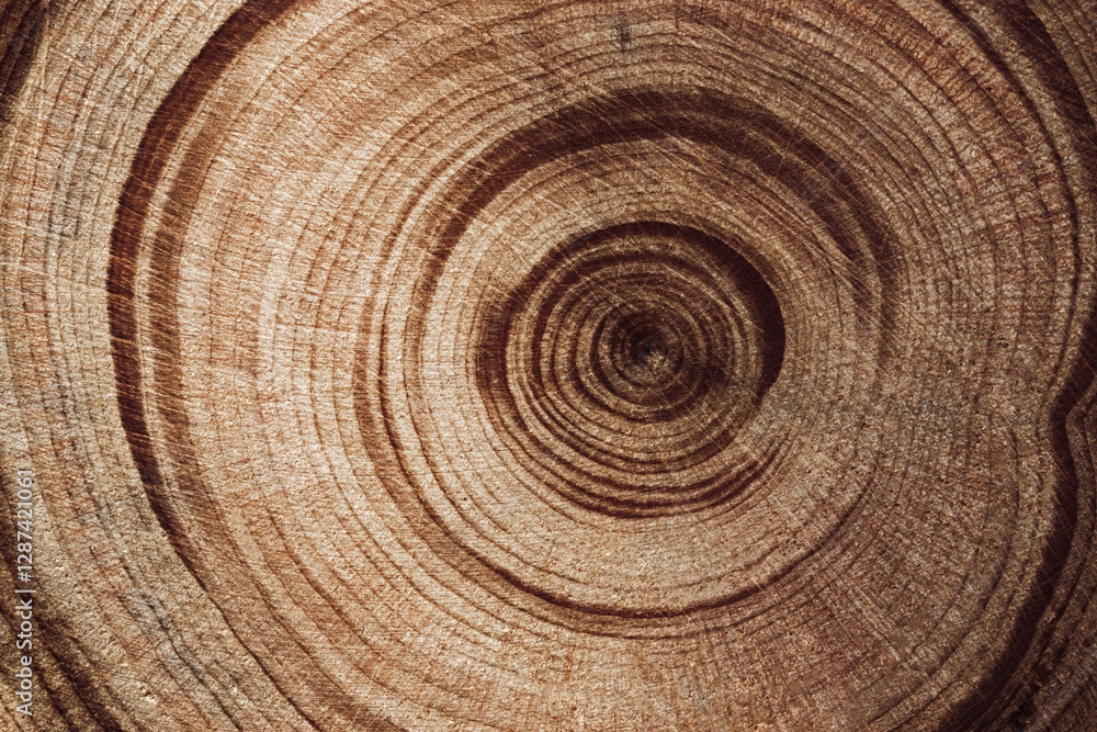 Fototapeta premium Wood pattern, detailed view of wooden texture with natural tree rings of juniper, eco textures earthy tones, dark color, Macro trend photo, circular growth patterns and organic beauty of material