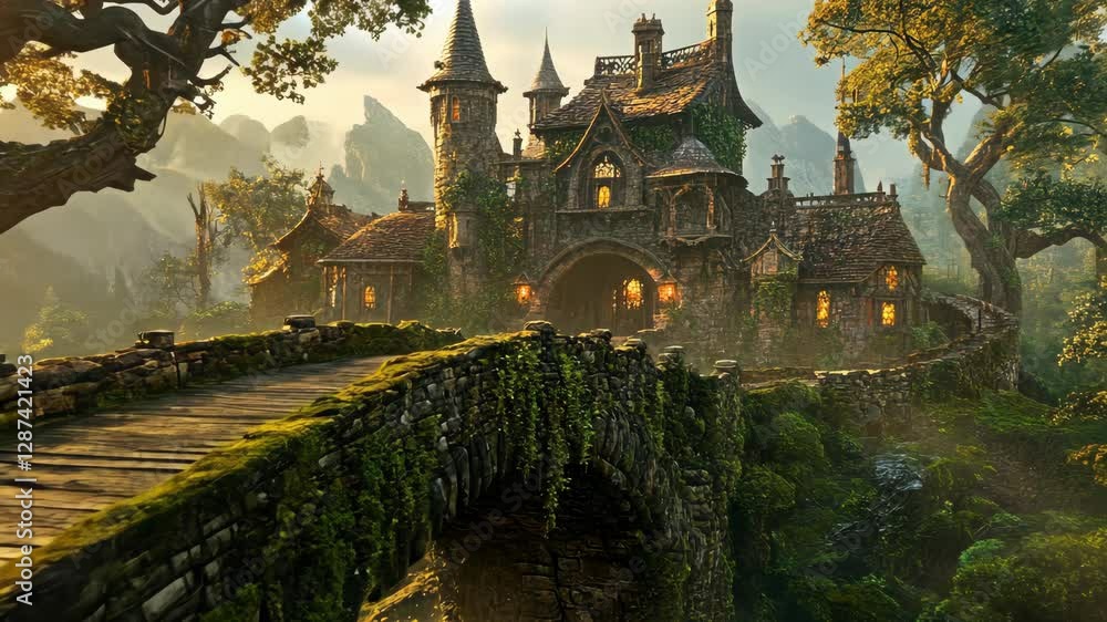 Enchanted castle with stone bridge amidst lush greenery during golden hour in a fantasy landscape Enchanted castle with stone bridge amidst lush greenery during golden hour in a fantasy landscape