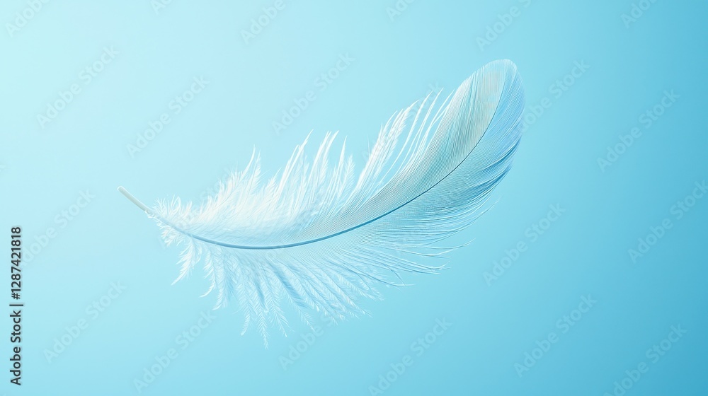 Lightness and Grace Gentle Floating Feather on Sky Blue Backdrop Calm Stillness and Tranquility