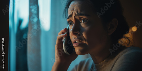 Scared woman calling police while looking outside window at night