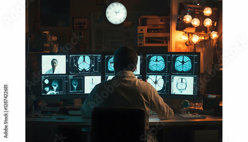 Radiologist examining brain scans on multiple monitors in a dimly lit office environment at night, showcasing medical technology