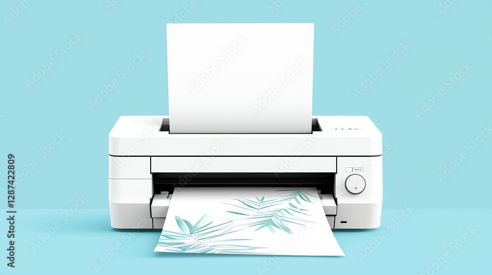 Modern White Printer with Paper Output on Light Blue Background Modern White Printer with Paper Output on Light Blue Background