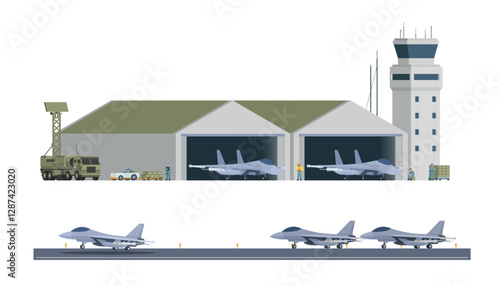Military Airbase Vector Illustration. Aircraft, Vehicles, Staff, and Editable Modular Infographic Elements