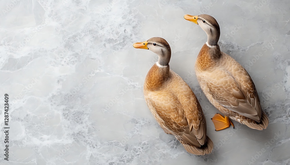 Obraz premium Two ducks on marble, top view, still life