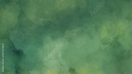Green watercolor background on clean paper texture. Green watercolor background with clouds effect.