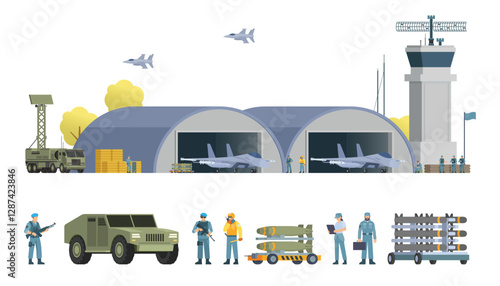 Military Airbase Vector Illustration. Aircraft, Vehicles, Staff, and Editable Modular Infographic Elements