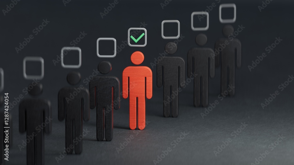 Business hiring and recruitment selection. Career opportunity. Human Resource Management. Check mark to choose wooden human figure for recruit to company. Choice of employee leader from the crowd. Business hiring and recruitment selection. Career opportunity. Human Resource Management. Check mark to choose wooden human figure for recruit to company. Choice of employee leader from the crowd.