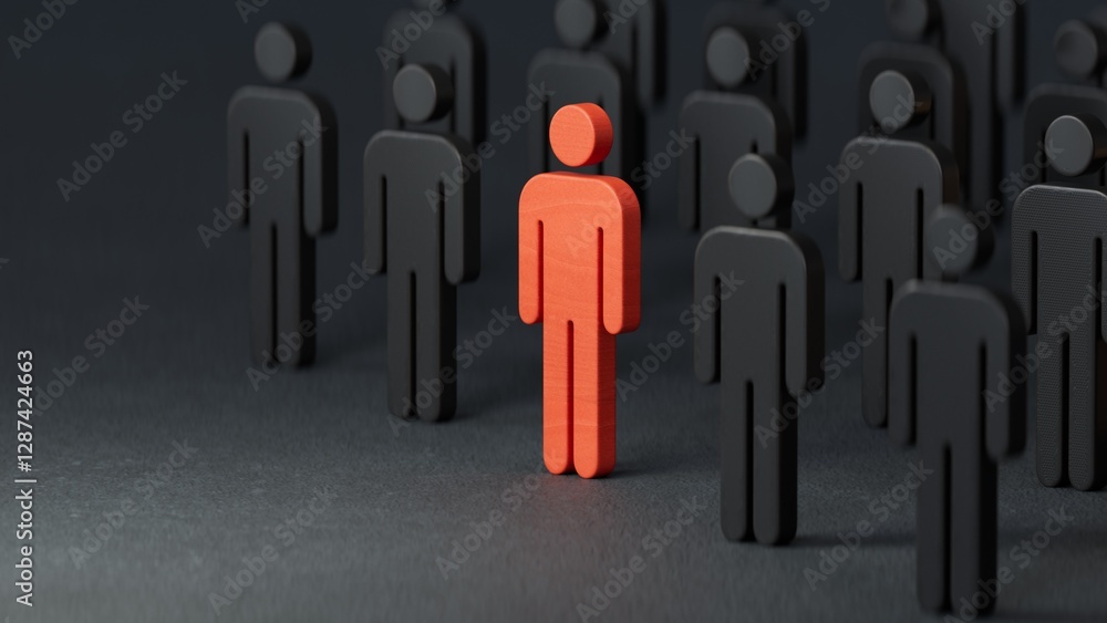 Red wooden figure standing in wood yellow team group to show influence power and empowerment. Business leadership team successful and competition for winner concept. Leader command and order Red wooden figure standing in wood yellow team group to show influence power and empowerment. Business leadership team successful and competition for winner concept. Leader command and order