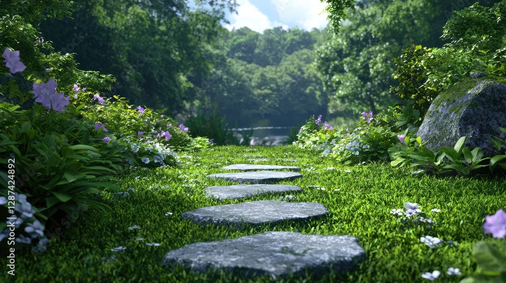 Serene garden path leads to tranquil lake Serene garden path leads to tranquil lake